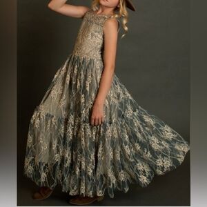 Joyfolie Lace Overlay Kids Dress in Gray and Cream